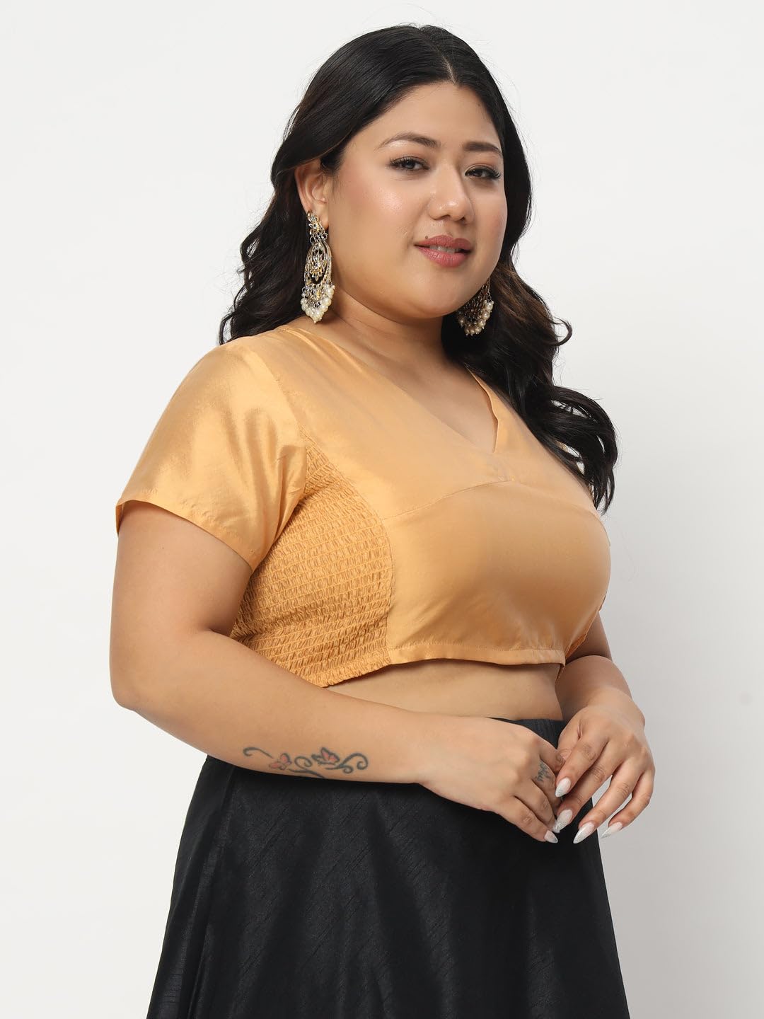 studio rasa Women's Silk Blend Stretchable Readymade Saree Blouse for Wedding Festive Party (TPWPC124BL06XL_Beige_X-Large)