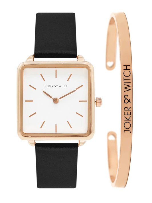 Joker & Witch Leather Double Fudge Analog Watch Bracelet Stack For Women, White Dial, Black Band