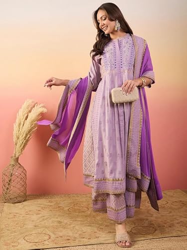 AVYUKTHA Cotton Kurta Palazzo & Dupatta Set For Womens | Regular Fit | 3/4 Sleeve | V Neck | Printed Embroidery | Anarkali | Lightweight | Ethenic Dress | Ideal For Weddings & Parties | S | Skin