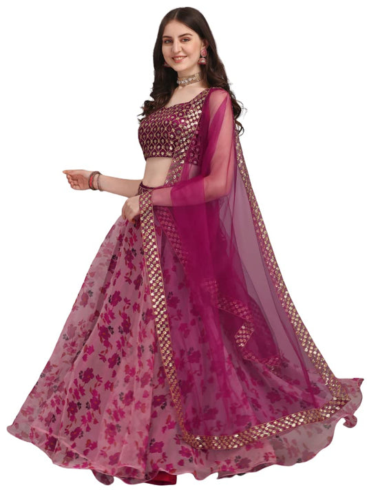 Fashion Basket Women's Floral Organza Semi Stitched Pink Lehenga Choli