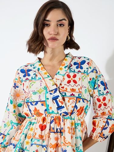 barcino Motif Printed Shawl Collar Tiered Dress Multicolor