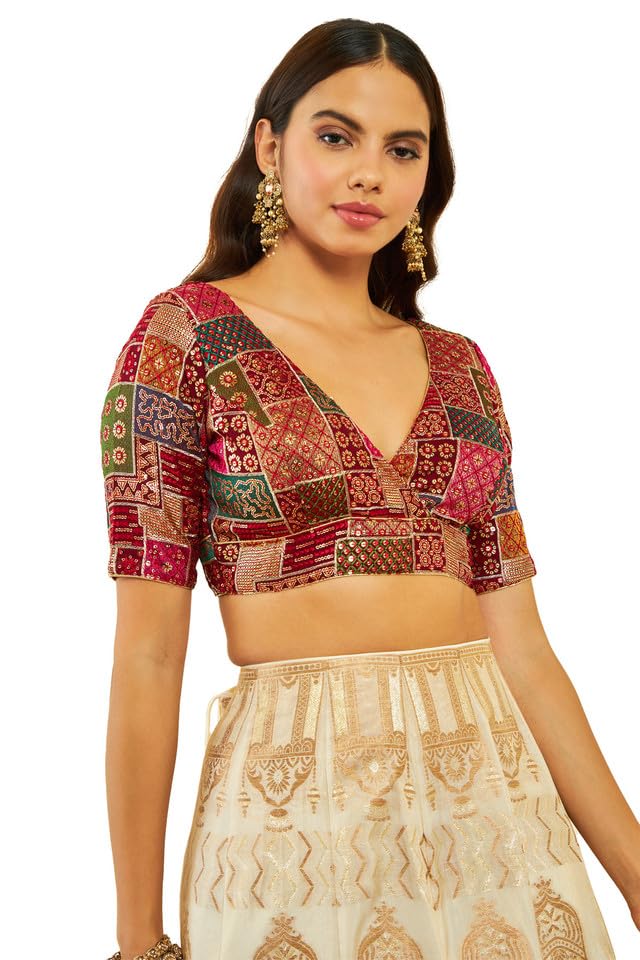 Soch Womens Maroon Tussar Sequin Embroidered V-Neck Back-Open Blouse