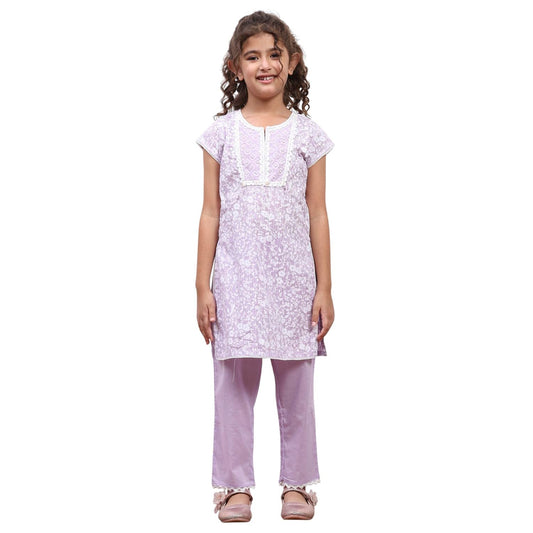 Biba Girl's Lavender Cotton Straight Printed Kurta Pants Set