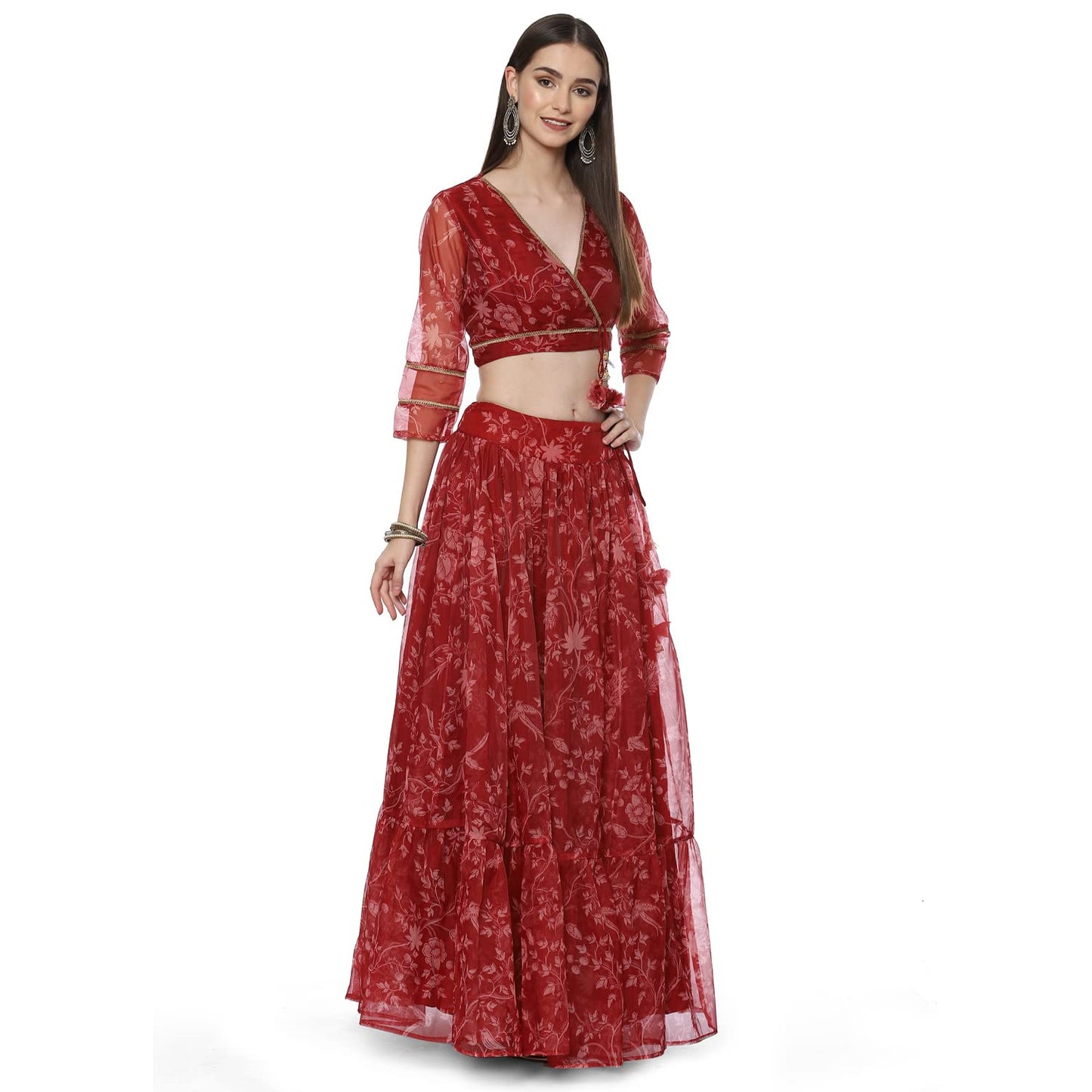 BIBA Womens Polyester Lehenga Set Readymade Red L