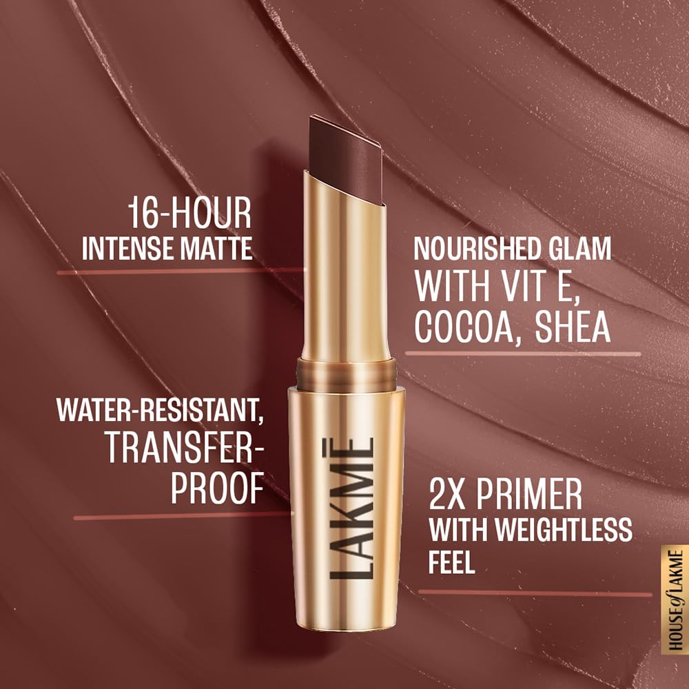 Lakme Powerplay Priming Matte Lipstick, Smooth Matte Finish, Lightweight Lipstick, Smudgeproof, Lasts 16hrs, Hydrates Lips, Brown Walnut, 3.6g