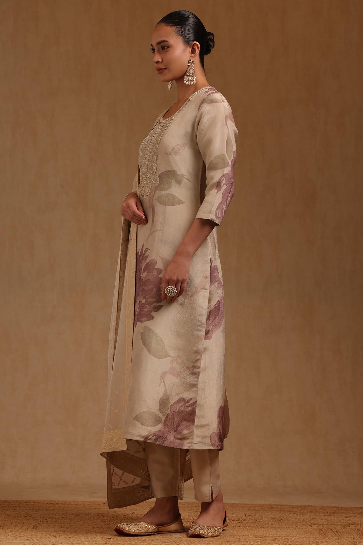 Soch Womens Beige Tissue Floral Zari Embroidered Salwar Suit With Sequins