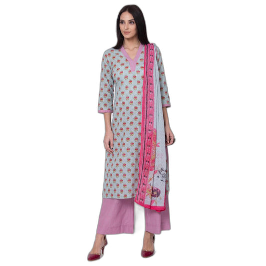 BIBA Cotton Women Printed Straight Salwar Kurta Dupatta(Skdassorted6498E_Sky Blue_38)