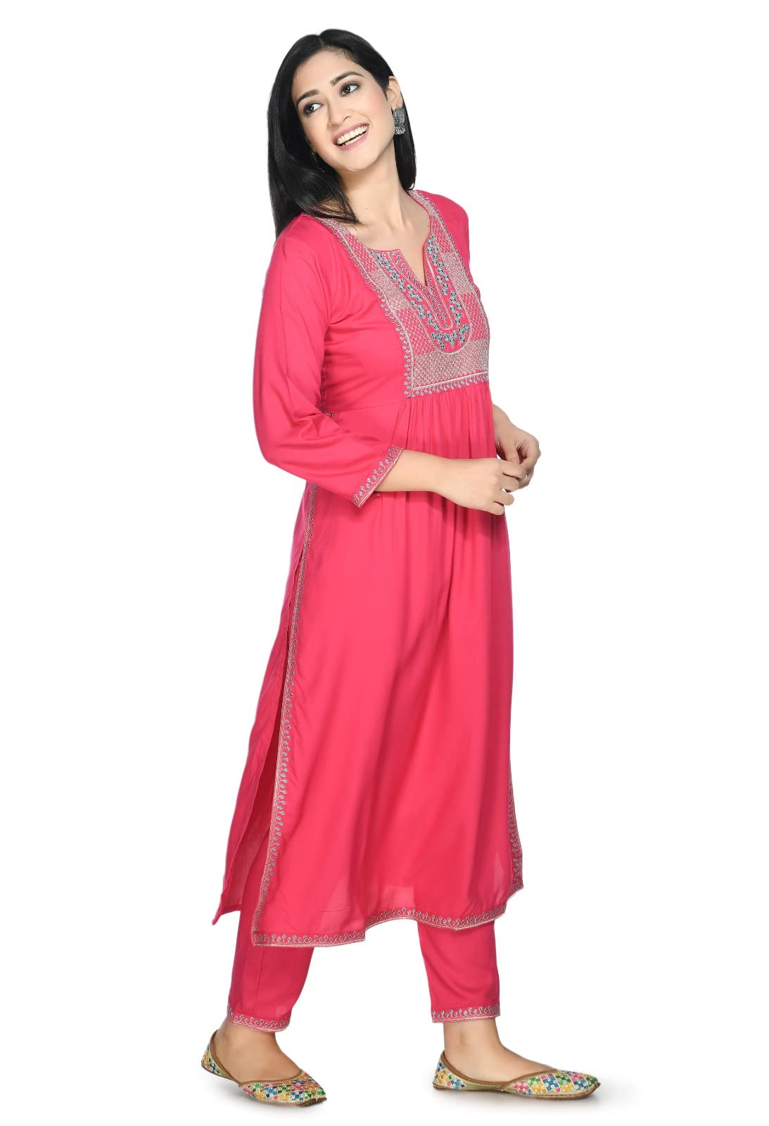 LIBOZA Rayon Ethnic Salwar Suit Set with Dupatta for Women Pink Nyra Cut - Elegant Ladies Heavy Work Kurta Sets with Special Stitched Pants (IN, Alpha, Small, PINK)