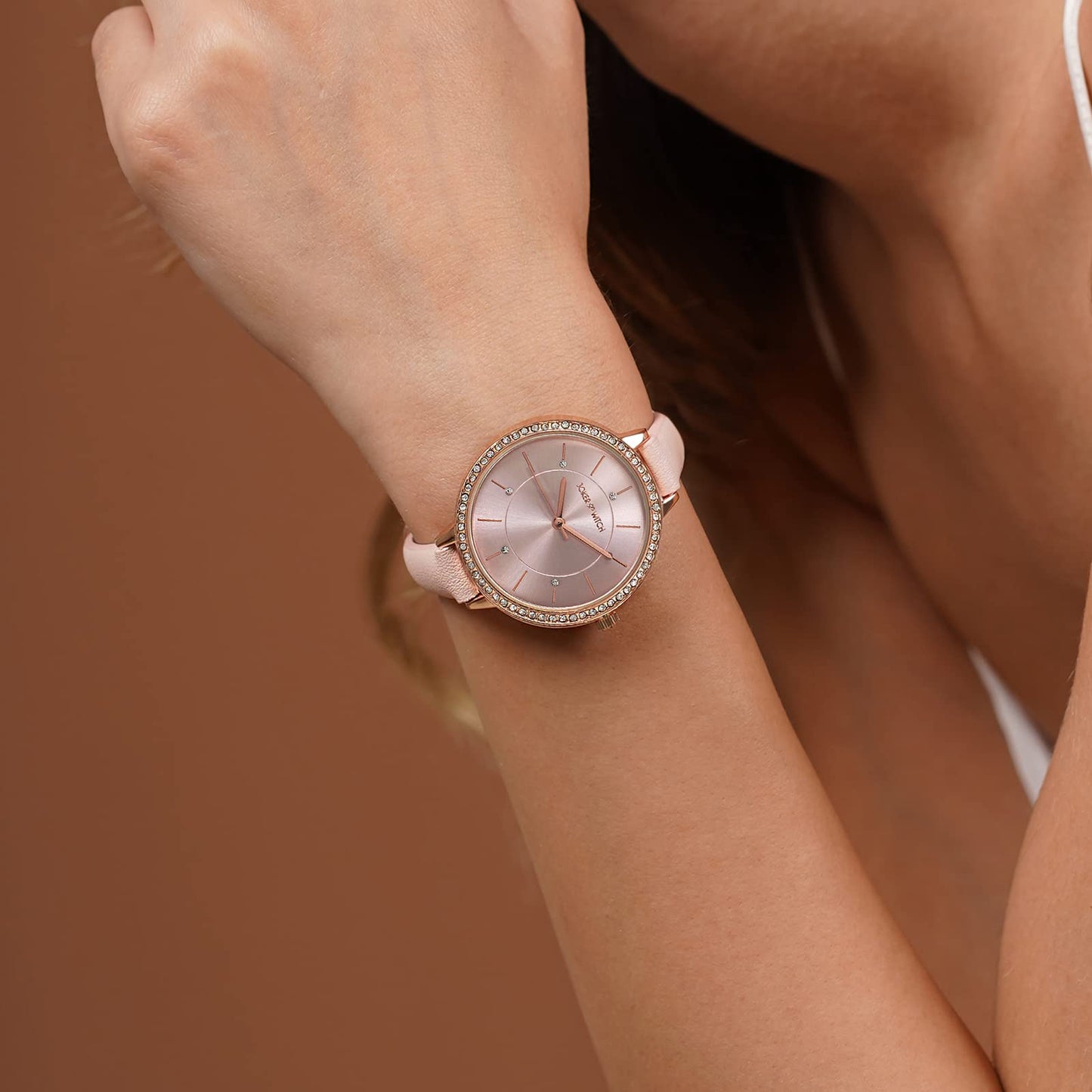 Joker & Witch Sunrise 36mm Pink Dial 10mm Pink Faux Leather Watch for Women