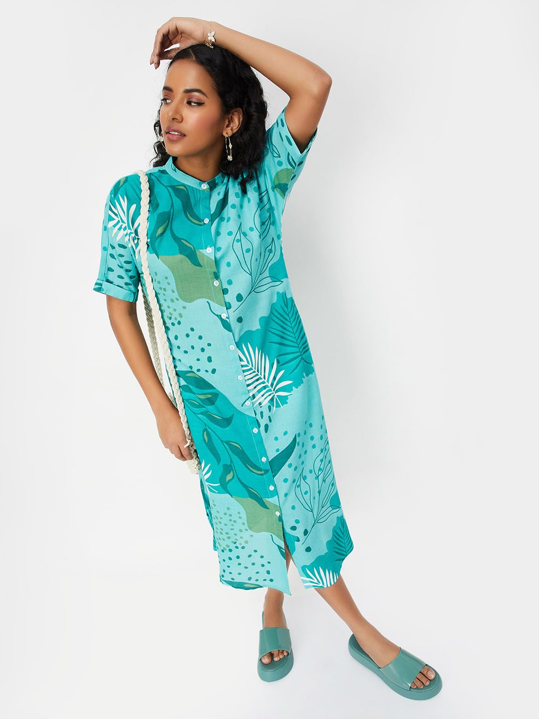 max Women's Rayon A-Line Midi Dress (Blue Teal)