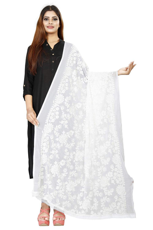 Avni N Anvi Women's White Floral Embroidered Chiffon Dupatta – Lightweight Ethnic Wear Stole/Scarf