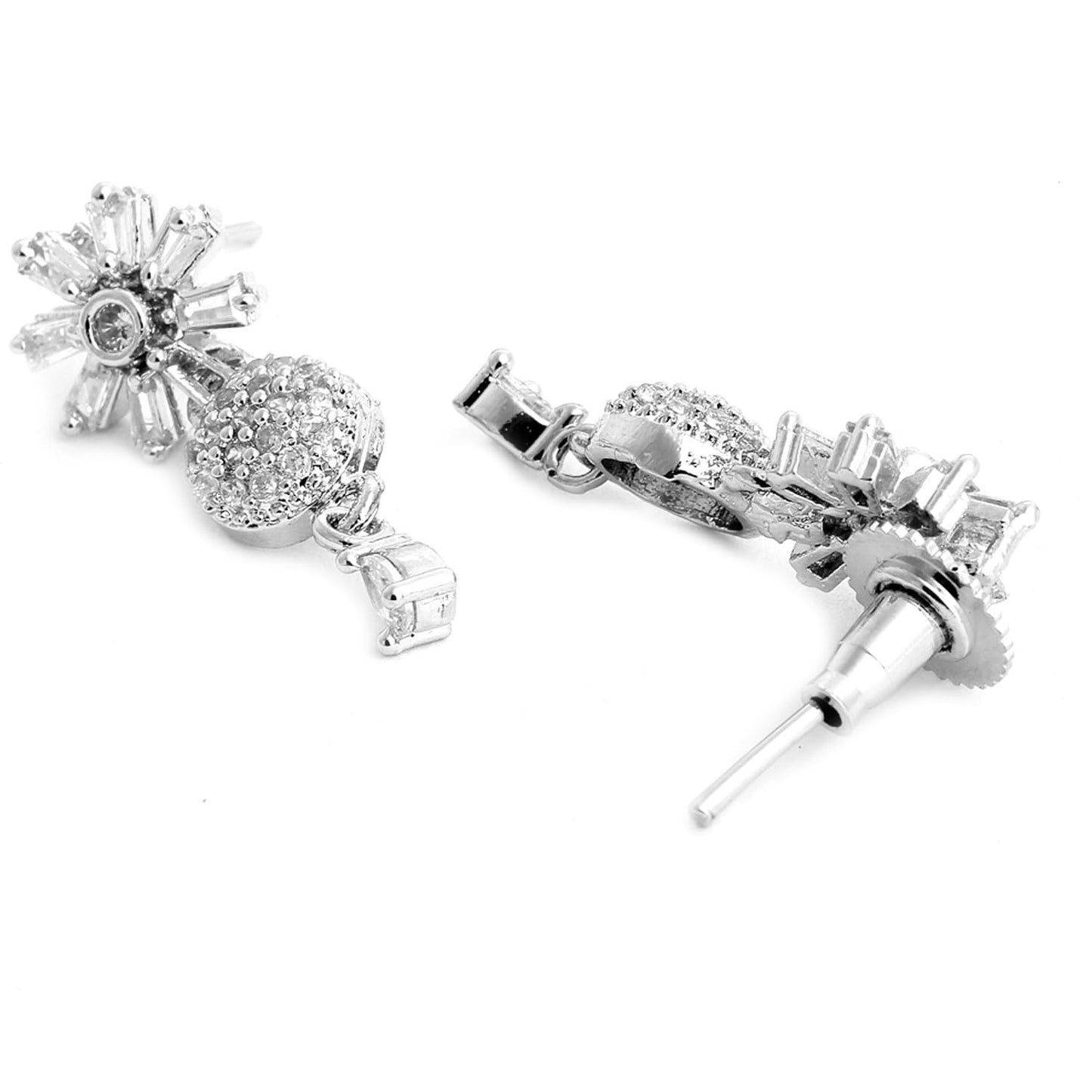 ZENEME Rose Gold-Plated White American Diamond Studded Flower-Round Shaped Necklace with Earrings Jewellery Set for Girls and Women (Silver)