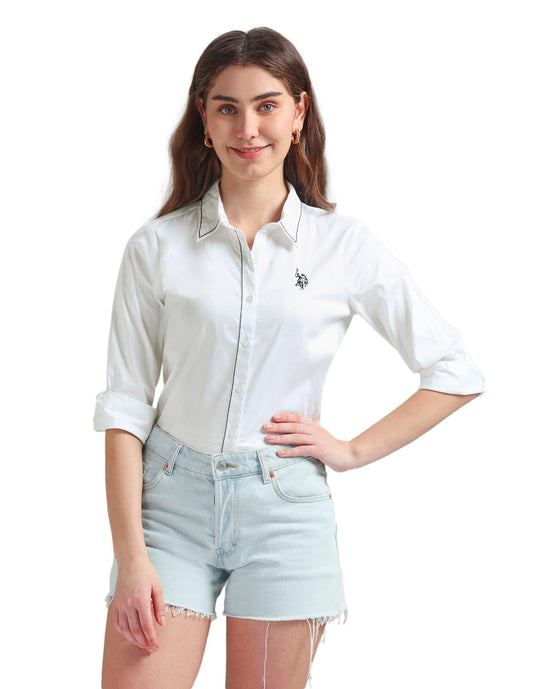U.S. POLO ASSN. Women Cotton Regular Fit Contrast Saddle Stitch Shirt (UWSS24SH136_White_M)