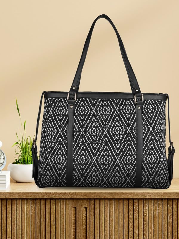 MINI WESST Women's Beautiful Black Graphic Fabric Tote Bag For Occasion, Office and College