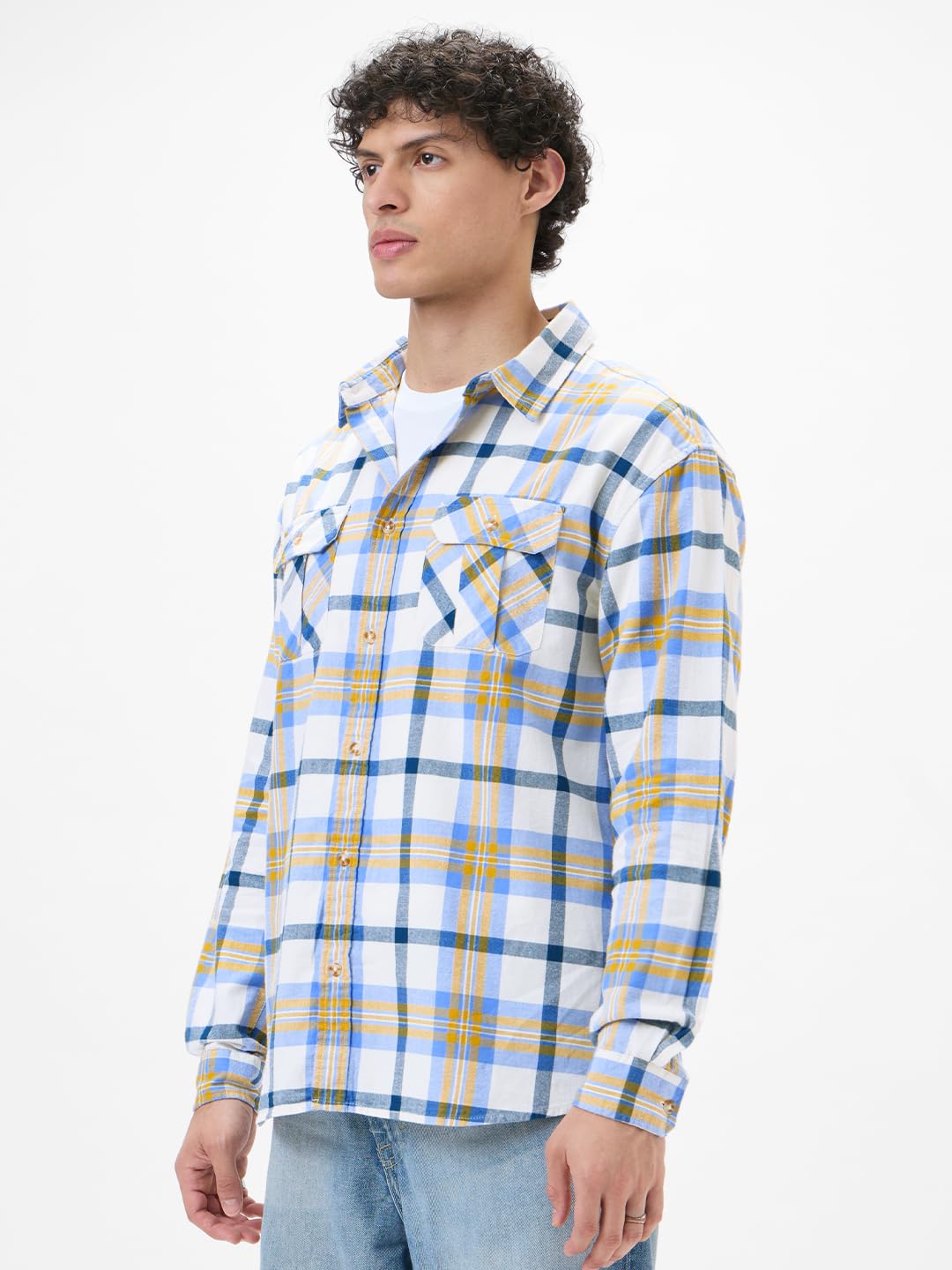 The Souled Store Plaid: Sailor Men and Boys Long Sleeves Collared Neck Button Front White Cotton Regular Fit Utility Shirts