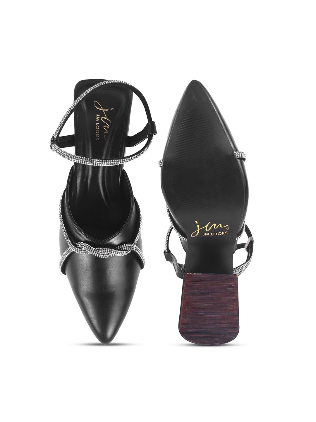 JM LOOKS Women's Block Heeled Sandal Low Heel Pointed Toe with Embellished Rhinestone Detail for Wedding Party Evening Prom - Black