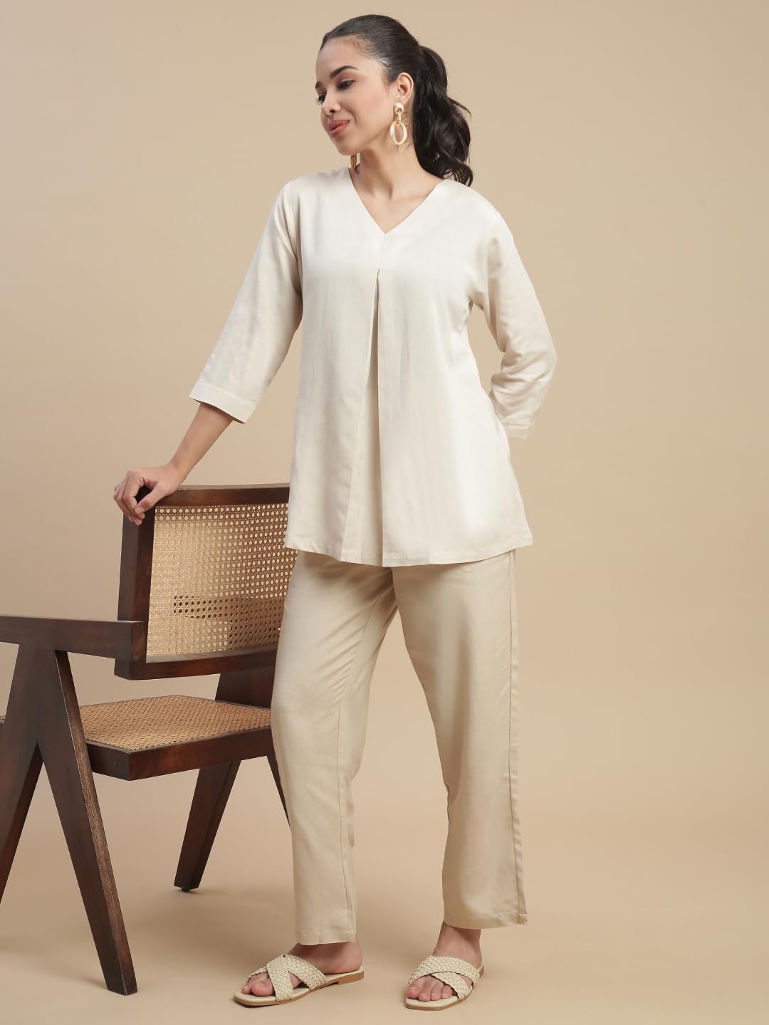 De Moza Women Regular Fit Straight Pant - Light Beige | 100% Rayon Flex | Casual & Office Wear