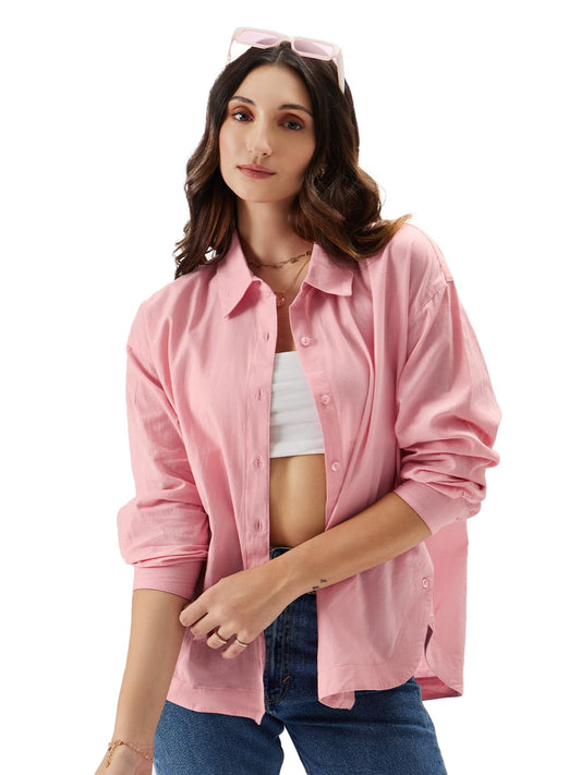 The Souled Store Solids: Pink Women and Girls Loose fit Full Sleeve Cotton and Linen Pink Color Women Boyfriend Shirts