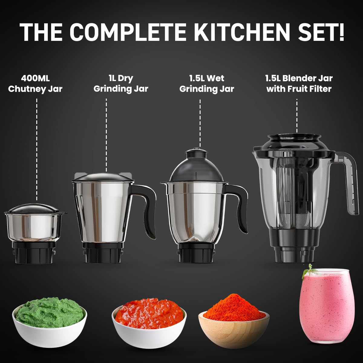 Crompton Ameo Classic 750W Mixer Grinder | Powertron Motor | MaxiGrind Technology | 3 Stainless Steel Jars | 1 Blender Jar with fruit filter | Black