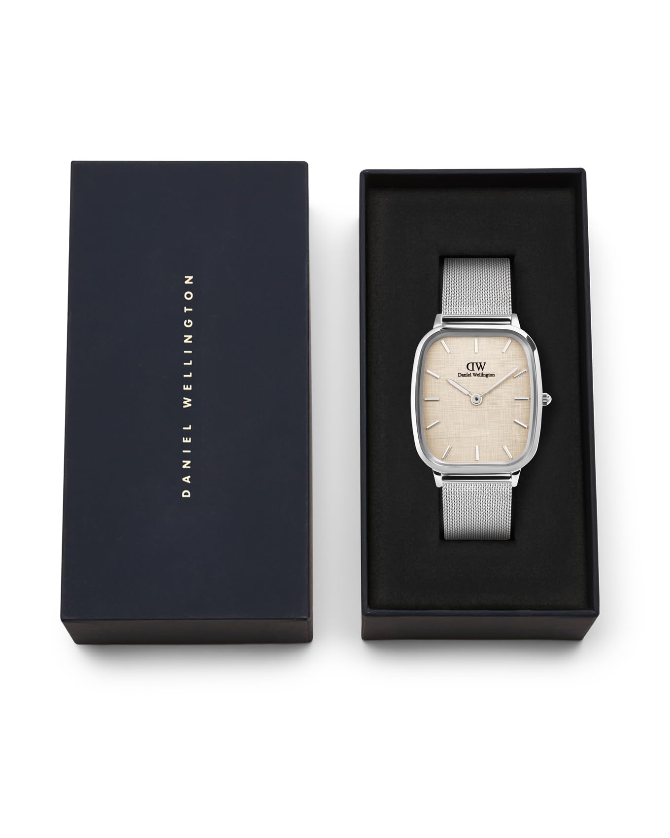 Daniel Wellington Vintage Analogue Watch for Man with Beige Cushion Dial & Silver Stainless Steel Bracelet Band Water Resistant Men's Wrist Watches - DW00100814K