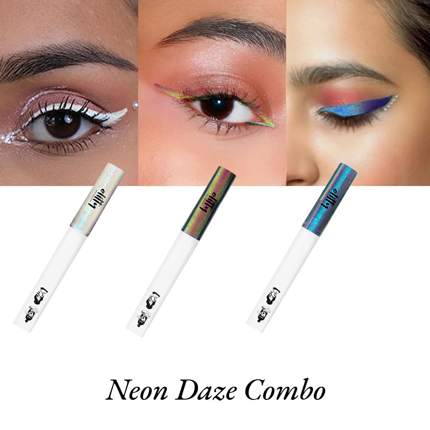 Elitty Neon Daze Ombre Waterproof Liquid Eyeliner Combo (Pack of 3) | Holographic Shades (Purple-Blue, Silver-Blue, Pink-Copper) | Lasts Upto 12 Hrs | 4 ML Each
