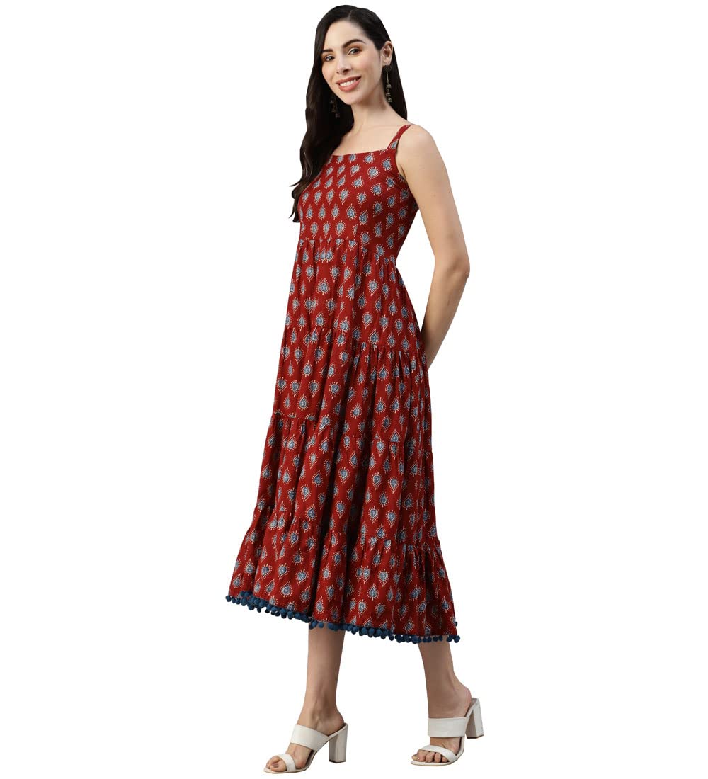 Divena Women's Cotton Fit and Flare Midi Dress (Model_Number#1.Value_Maroon