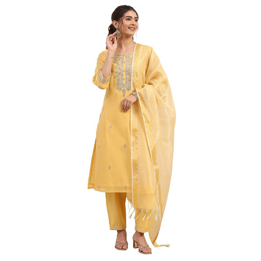 Biba Women Yellow Poly Chanderi Straight Suit Set_34