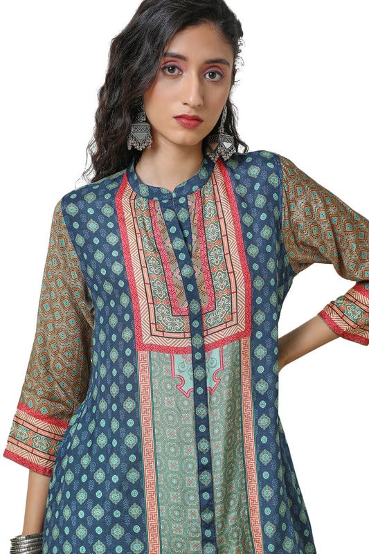 Soch Womens Blue Viscose Muslin Ethnic Motifs Print A Line Tunic