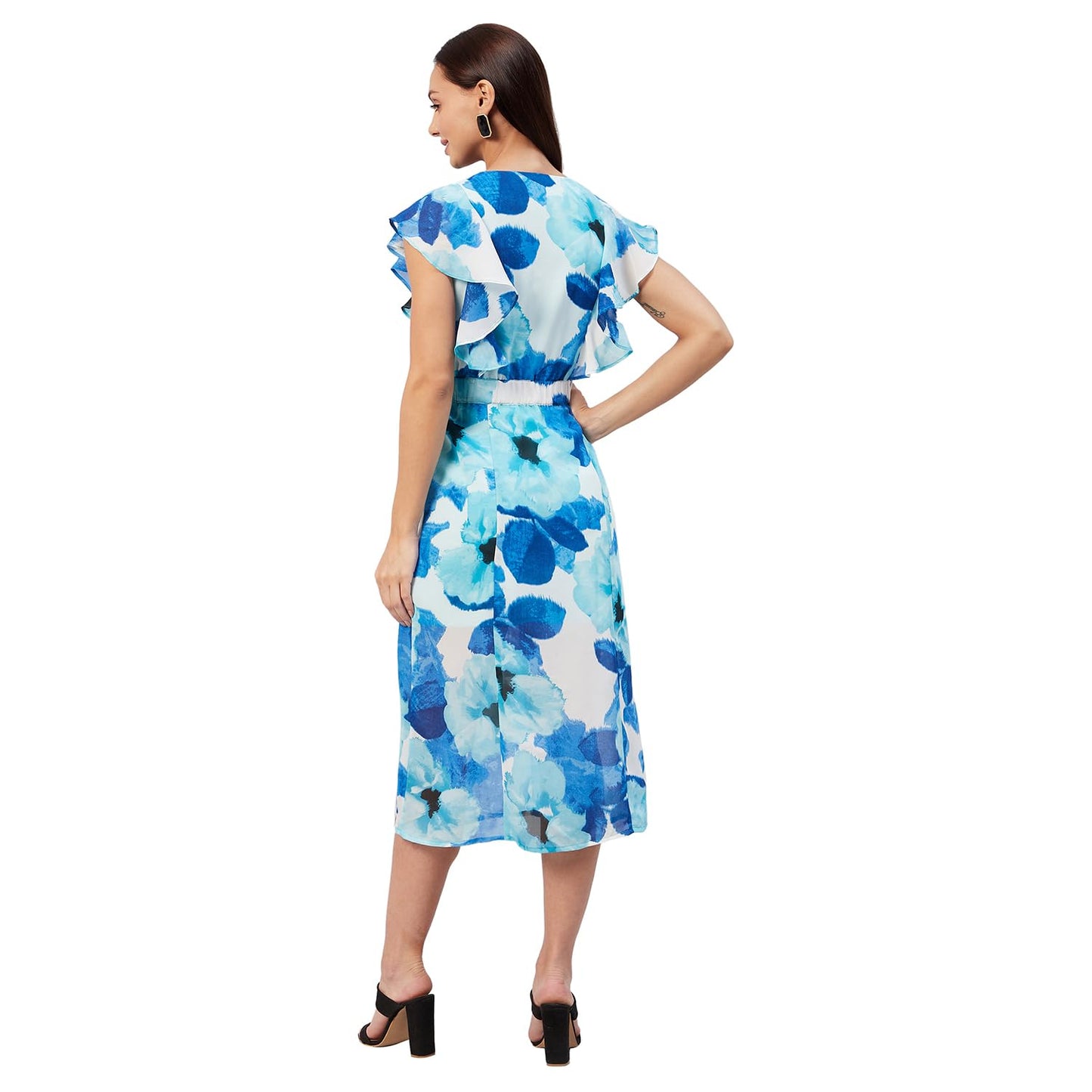 Carlton London Women's Georgette A-Line Midi Casual Dress (CL642A_Blue_S)