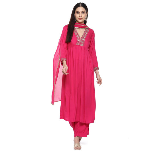 BIBA Cotton Blend Women's Solid Gathered Salwar Kurta Dupatta(Skdassorted8909_Fuchsia_38)