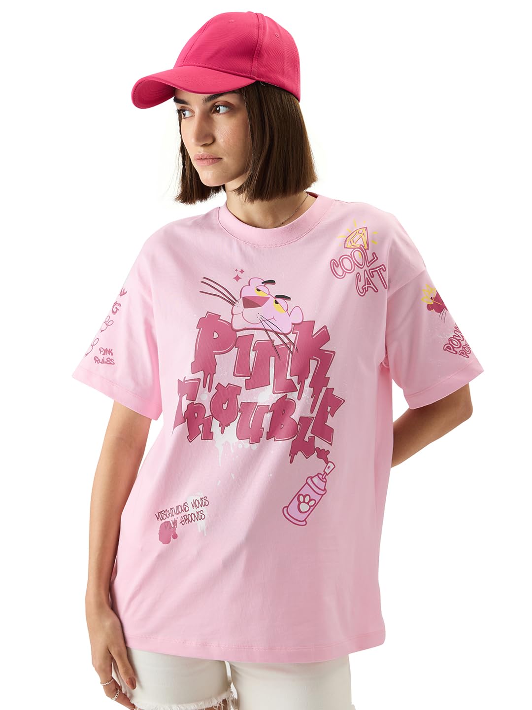 The Souled Store Women's Cartoon Oversized Fit T-Shirt (241902_Pink