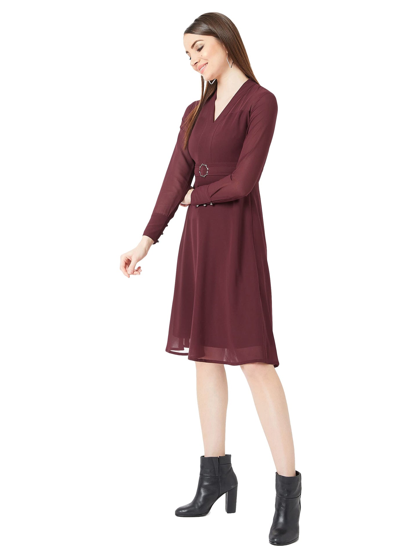 Miss Chase Women's Wine Red V-Neck Full Sleeve Solid Fit & Flare Midi Dress(MCSS20D14-39-184-03_Maroon_S)