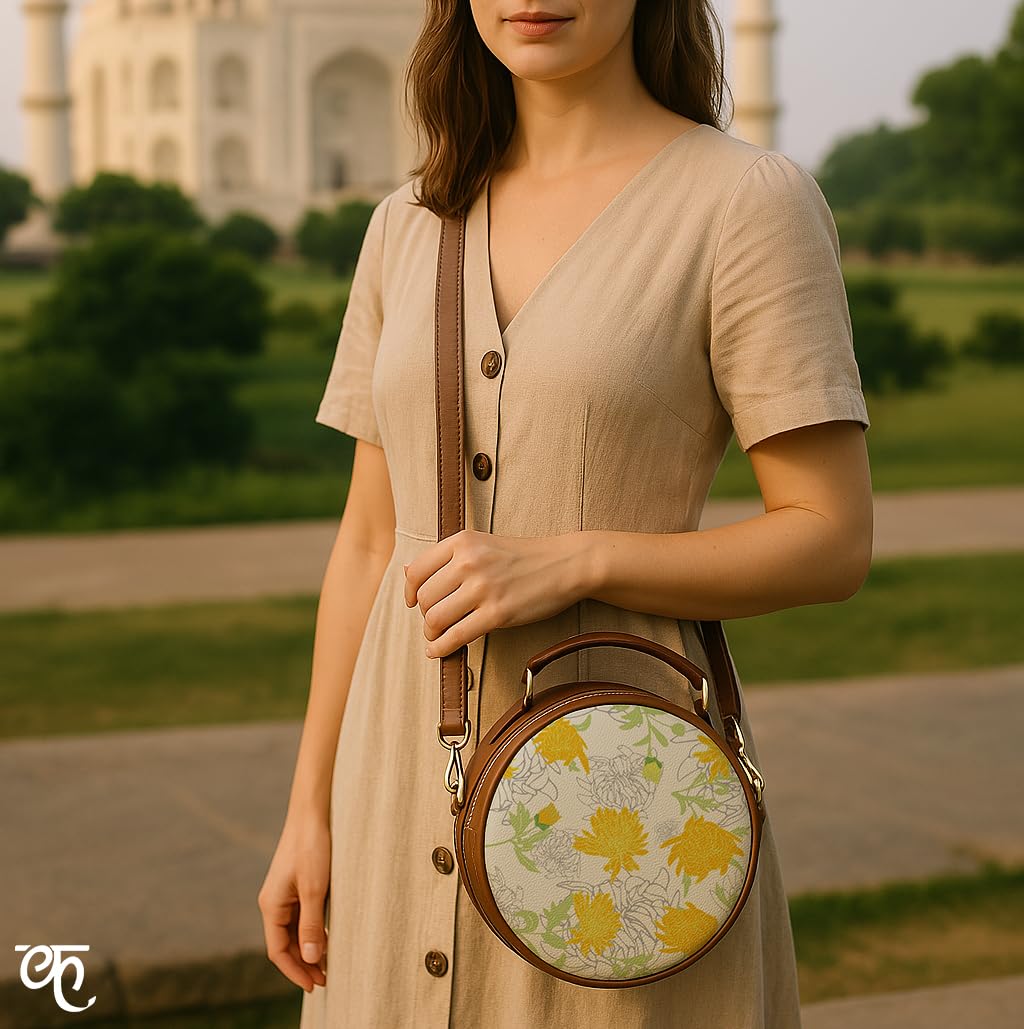 Kalankit Round Sling For Women | Girls Crossbody Bags | Side Bags With Adjustable Strap | Travel Box Sling Bags | Flower Garden