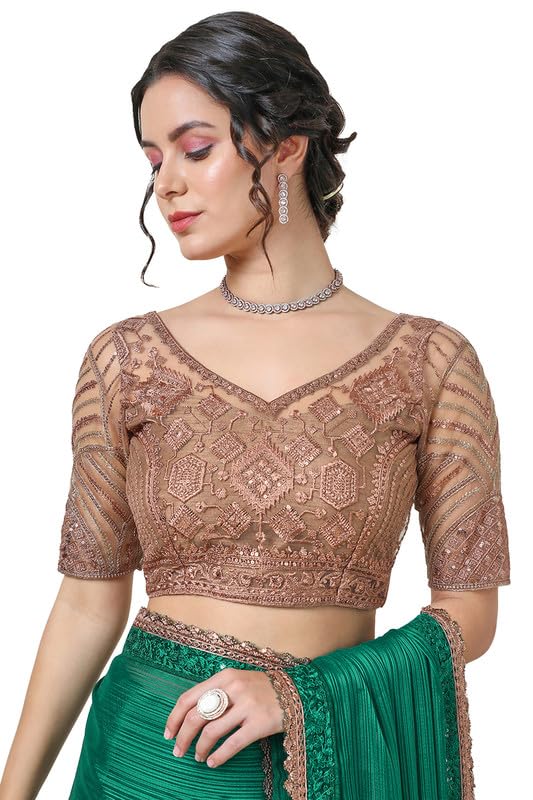 Soch Womens Green Chiffon Striped Saree with Copper Lace Border