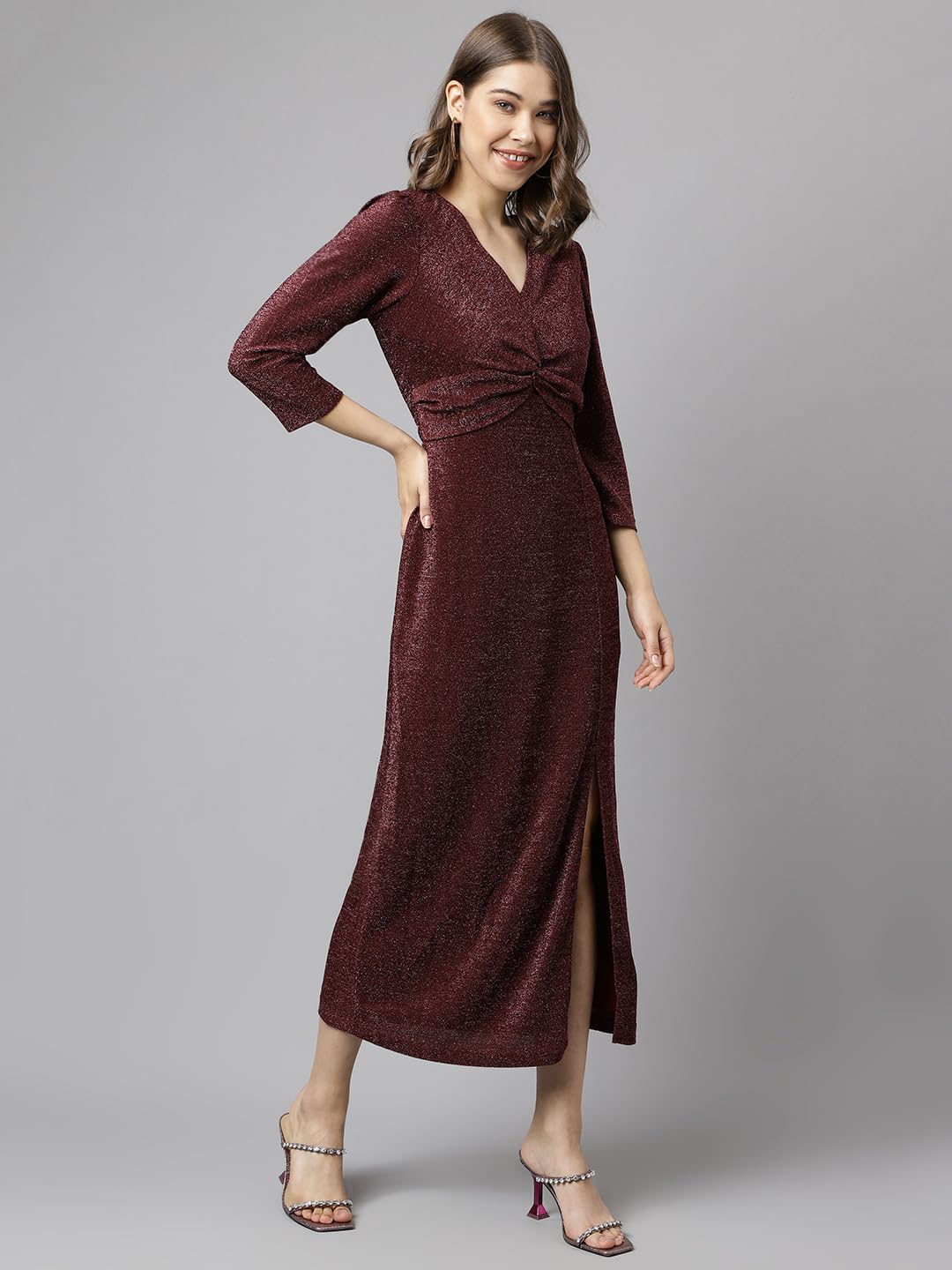 Latin Quarters Women's Maroon Front Slit Solid Maxi Dress_M