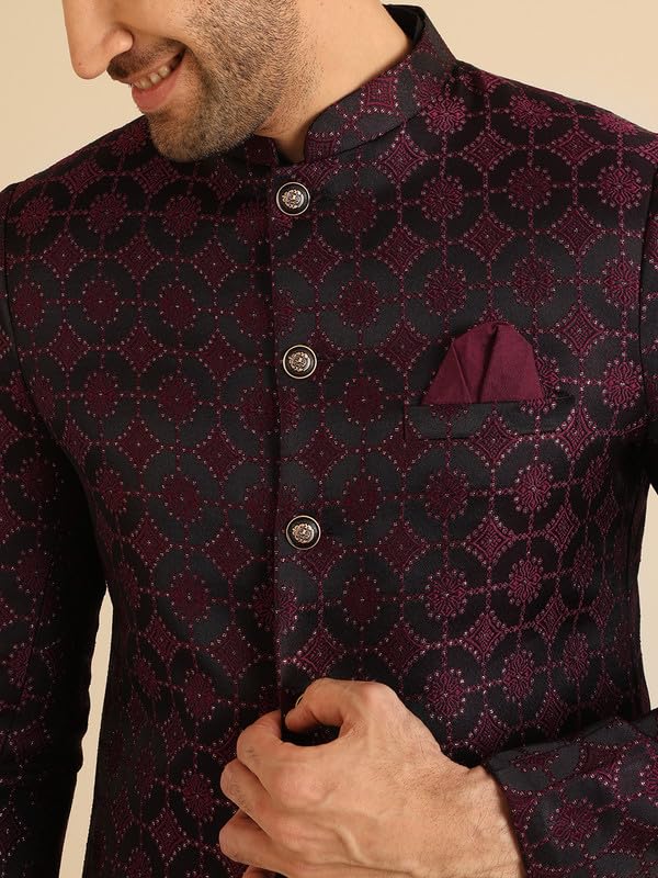 KISAH Sherwani Set for Men – Silk Blend Woven Jacquard Indo Western Sherwani with Kurta and Trouser | Designer Ethnic Outfit for Weddings & Festivals, Burgundy, 42
