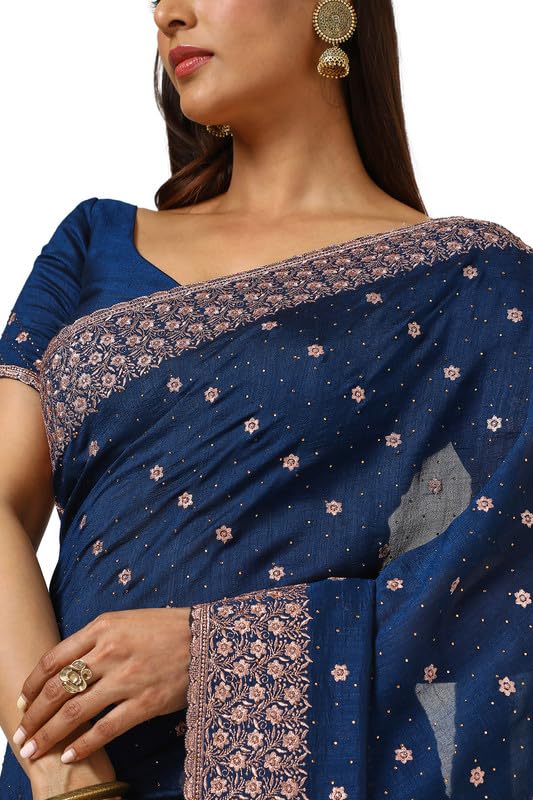 Soch Womens Navy Blue Floral Zari Embroidered Tussar Saree With Stone Work