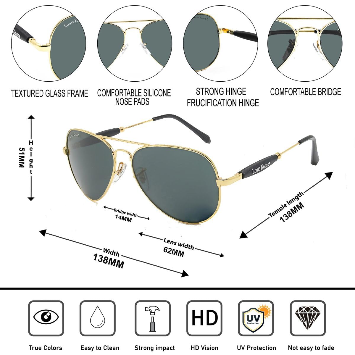 Louis Kouros Airomade Aviator Classic 3517 sunglasses | Gold Frame | Black Lens | Mirror Lens | 400 UV Protection | For Men & Women | Medium | 62 mm Lens Width
