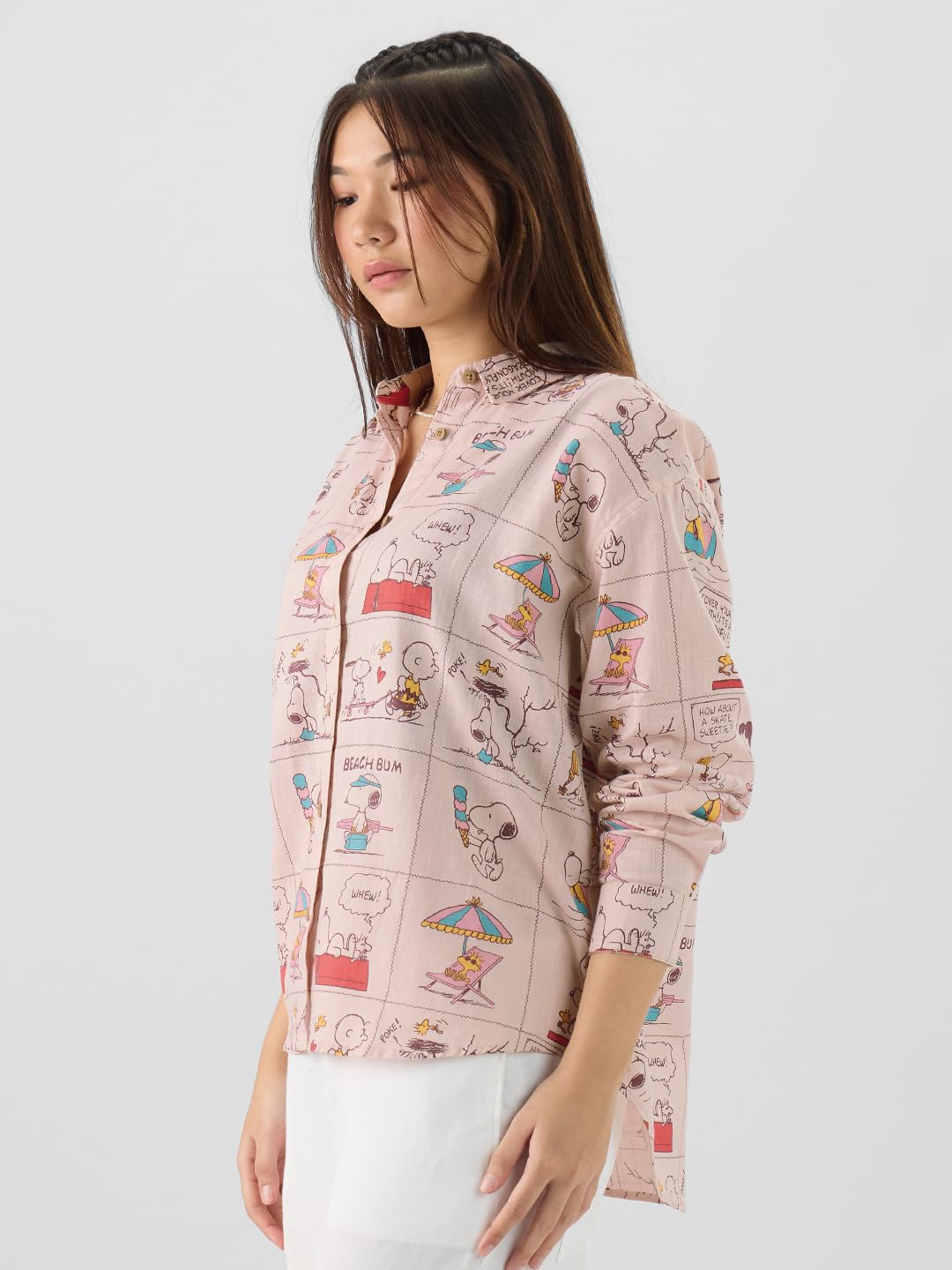 The Souled Store Official Peanuts: Beach Bum Women and Girls Long Sleeve Collared Neck Pink All Over Printed Cotton Boyfriend Shirts
