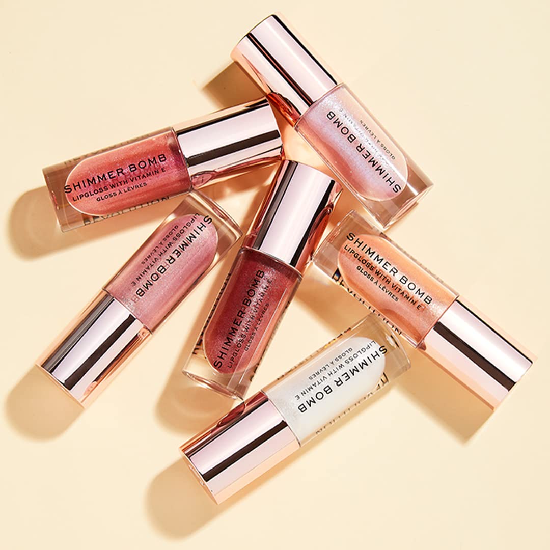 Makeup Revolution Rose Gold Lip Gloss for Women, Shimmer Bomb Lip Gloss - Glimmer Nude, Vitamin E for Extra Nourishment & Hydrating Lips, Rosehip Oil, Paraben Free, Shimmery & Sheer Formula - 4.5ml