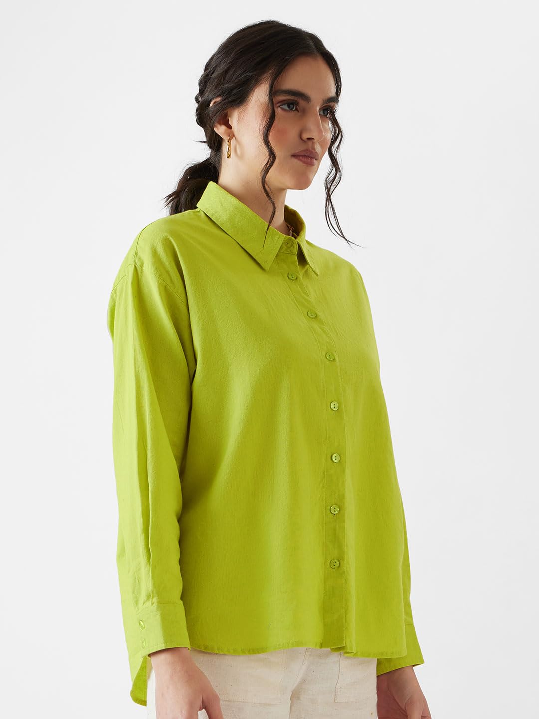 The Souled Store Solids: Moss Green Women Oversized Fit Full Sleeves Cotton Linen Boyfriend Shirts Casual Button-Down Half Sleeve Printed Graphic Short Sleeve Casual