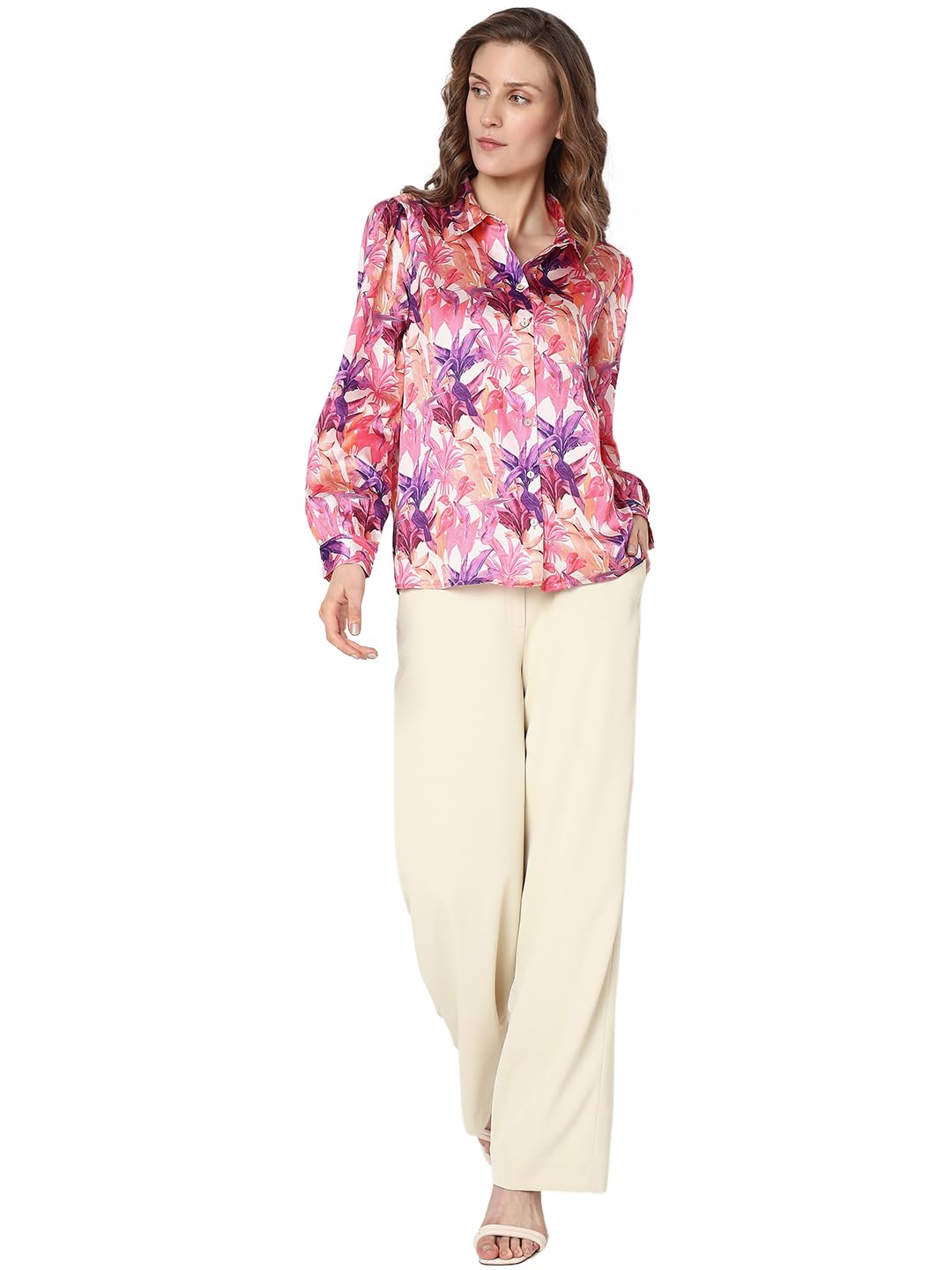 VERO MODA Women Tropical Polyester Regular Fit Pink Shirt