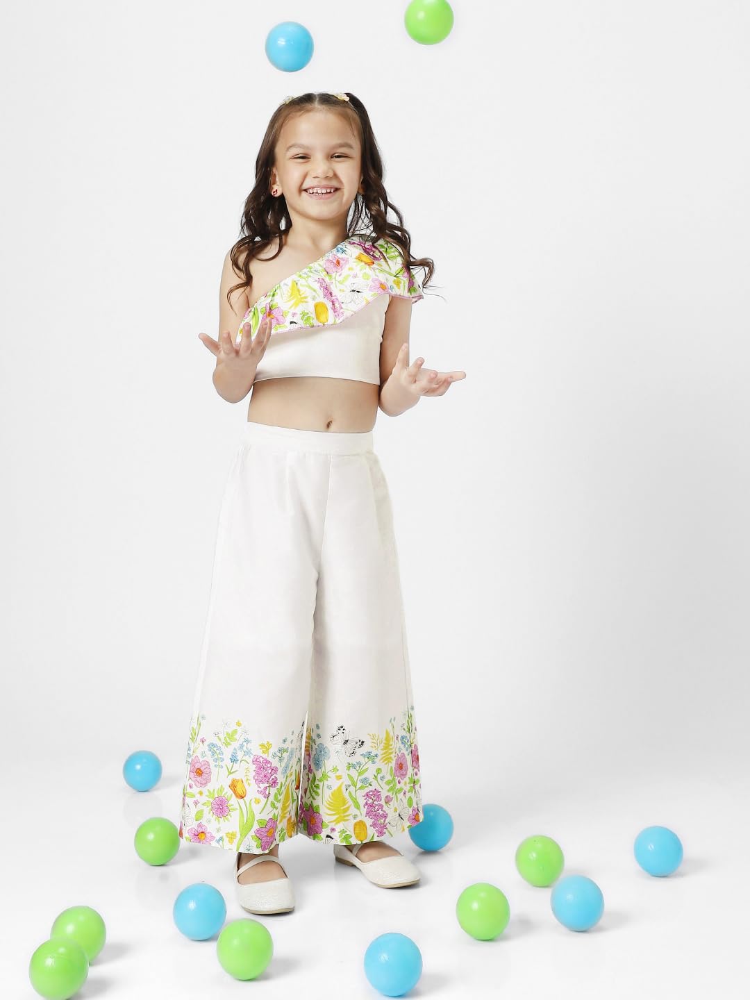 Nautinati Girls Floral Printed One Shoulder Top with Pants Set