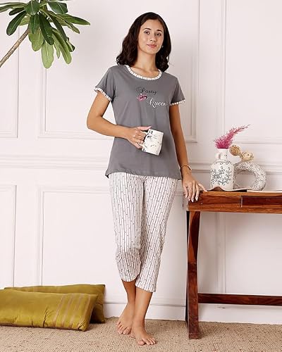 BODYCARE Women's Cotton Printed T-Shirt and Capri Set | Soft & Breathable Nightwear | Short Sleeves | Loungewear Co-Ord Set| BSCS16040_100 Multicolour