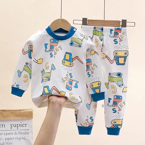 Bold N Elegant Full Sleeve Cartoon Print Cotton T-Shirt & Pajama Pajama Clothing Set for Infant Toddler Baby Boy Girl Kids (0-6 Months, White)