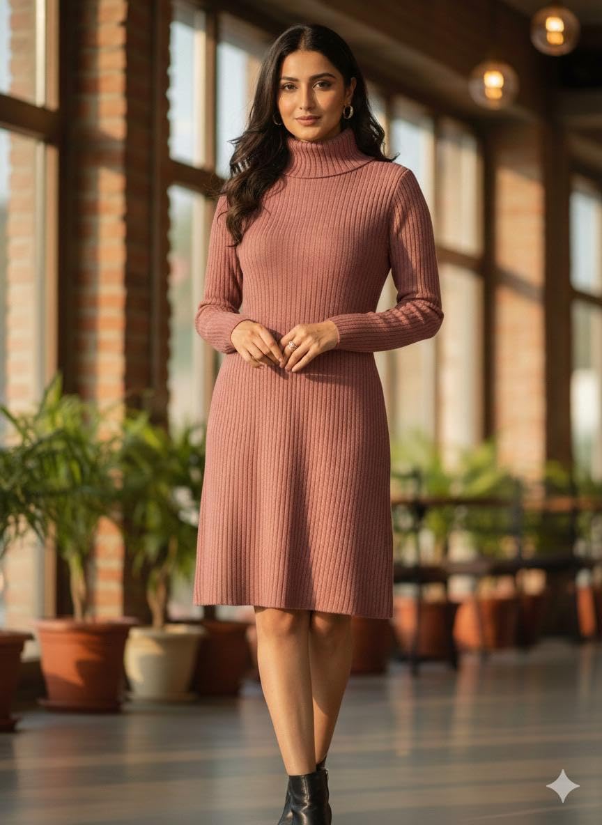PatolaSwag Women’s Winter Knitted Warm High-Neck Knee-Length Dress – Peach Soft Ribbed Sweater Dress for Party, Office, Casual & Outing Wear (in, Alpha, M, Regular, Standard, Peach)