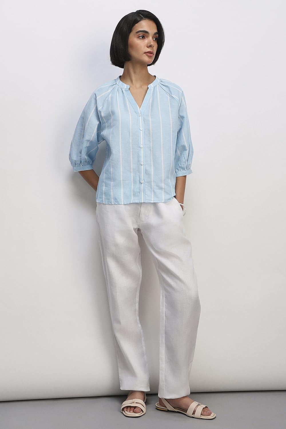 Women Light Blue Stripe Casual Top