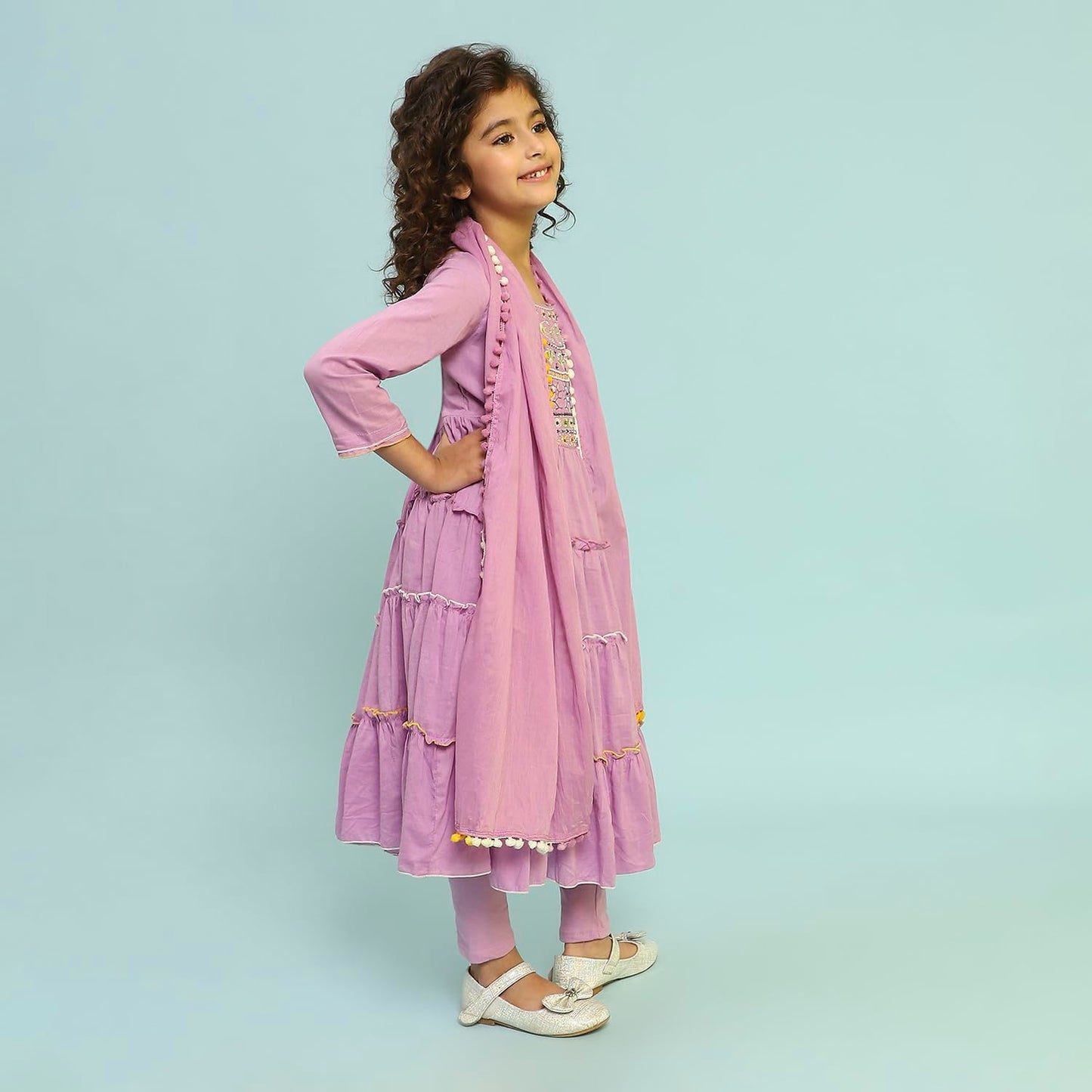BIBA Girls Violet Tiered Cotton Solid Kurta suit set