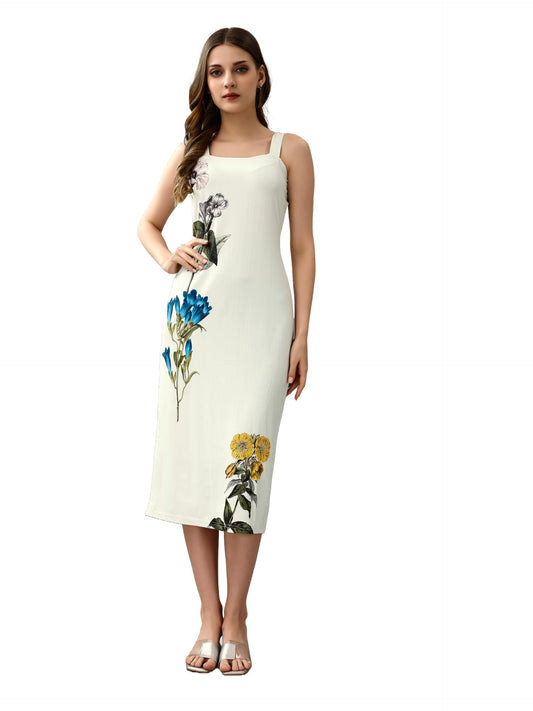 Attire Empire Women White Floral Print Split Hem Back Cami Dress