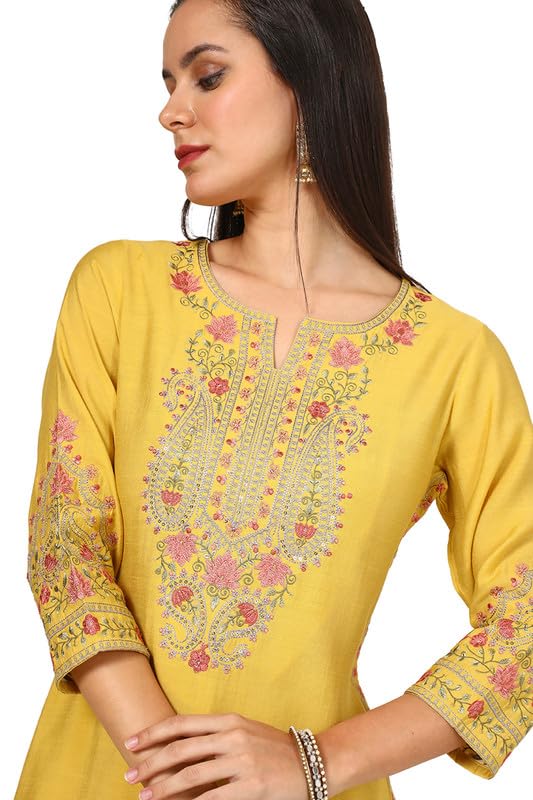 Soch Womens Mustard Viscose Blend Embroidered Kurta Set With Sequins